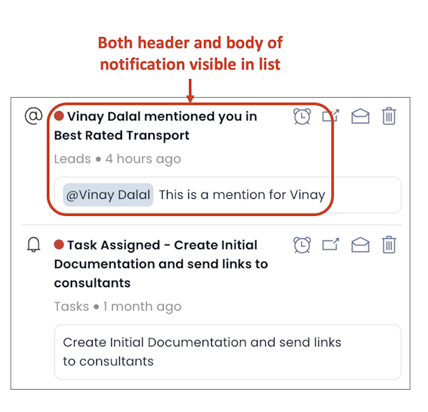 Image showing comparison between old and new notifications interface with reference to header and body of notification